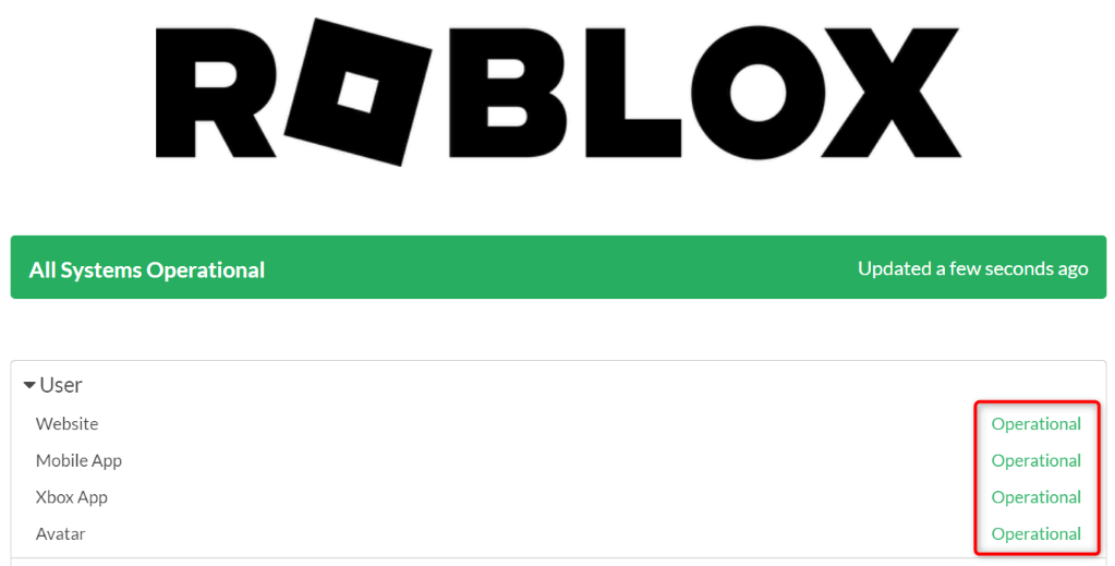 Página web de estado del servidor Roblox